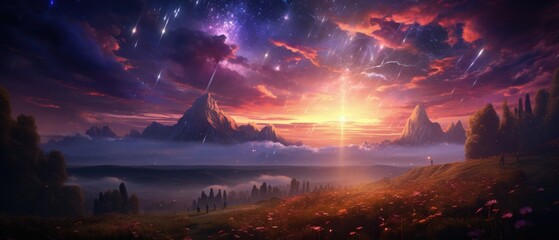 A cosmic event with shooting stars and a radiant galaxy meeting the morning dawn. 3D illustration ai generate