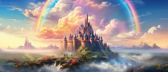 A grand castle in the clouds surrounded by a vibrant rainbow meeting the morning dawn. 3D illustration ai generate