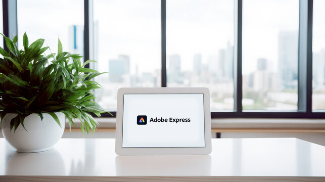Tablet running Adobe Express application, placed on the desk of a modern bright office