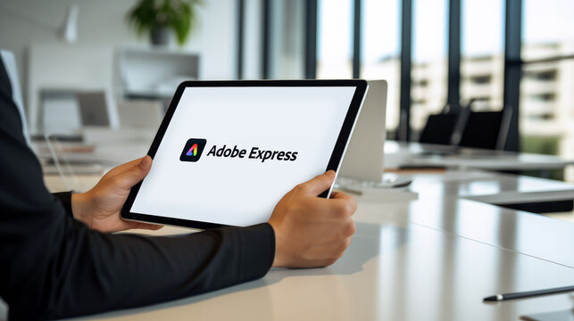 Employee using a tablet on the desk of a modern bright office, having a work break and running Adobe Express application at morning. Large window in the background.