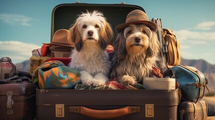 adorable terrier dog. ready to travel. vintage style. generative ai