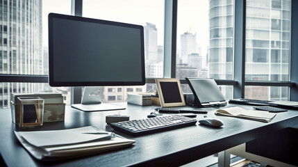 パソコンのあるオフィス風景　無人　AI生成画像　ジェネレーティブAI