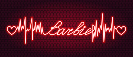 Red neon. The text is decorated with pulse, hearts and a star. Color vector illustration. Broken zigzag line and romantic lettering in italics. Isolated background of red hearts. Idea for web design