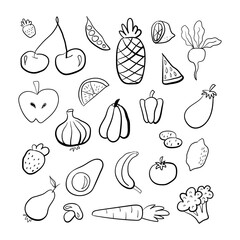 Hand drawn fruits and vegetables in doodle style isolated on white background. Vector illustration for banners, sites, menu design, packaging, cooking book or advertising.