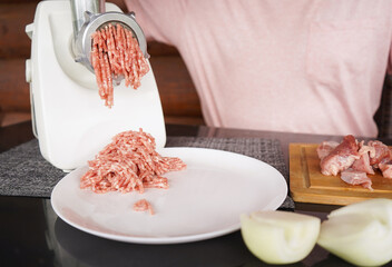 Cooking minced meat with onions in an electric meat grinder at home