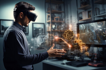 Student engeneer wearing VR headset . High quality photo