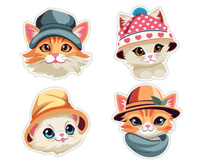 Set of stickers hand drawn cartoon adorable kittens in funny hats. Isolated items for design, printing, greeting cards, scrapbooking. Vector illustration drawing kittens head.  