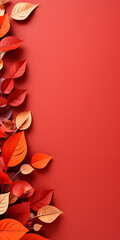 Paper cut autumn leaves on red background. Seasonal background with falling leaves and copy space. Vertical autumn fall banner with free space for text. AI generated