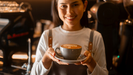 Latte art in barista hand ready to drink in modern coffee shop