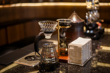 Background of coffee drip set in cafe shop