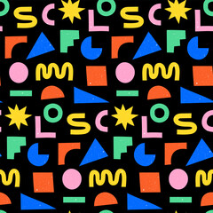 Fototapeta premium Colorful seamless pattern with geometric shapes with grain texture. Various abstract symbols for creative design on black background.