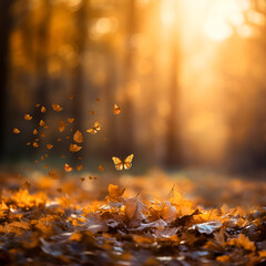 Lively closeup of falling autumn leaves and butterflies with vibrant backlight from the setting sun, golden hour. Flying autumn leaves on bokeh forest background. Fall blurred background. AI generated