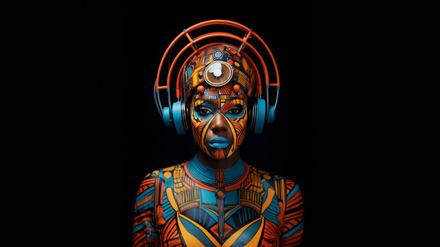 Afrikanische Frau Gesicht mit kunstvoller Bodypainting Bemahlung und bunte Kopfschmuck für Poster Nahaufnahme, ai generativ 