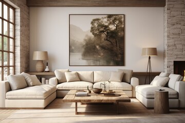 Be inspired by the artful juxtaposition of contemporary simplicity and rustic charm in this elegant living room. 3D illustration ai generate - obrazy, fototapety, plakaty