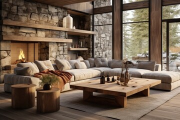 Fototapeta na wymiar Enter a realm of comfort and style, featuring carefully curated rustic details in this modern living room. 3D illustration ai generate