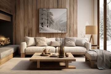 Step into a world of tranquility and style with this beautifully balanced modern living room, featuring rustic accents. 3D illustration ai generate