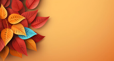 Paper cut autumn leaves on light orange background. Seasonal background with falling leaves and copy space. Autumn fall creative banner with free space for text. AI generated
