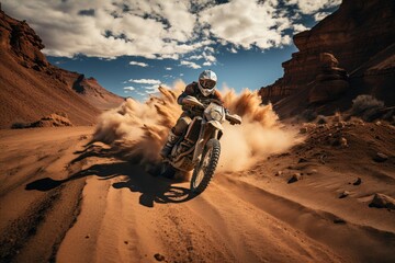 Rider on a cross-country enduro motorcycle go fast at the desert. Enduro racing driver take a corner with a splashes of sands and dust. Drift. Made With Generative AI.