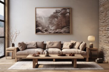 Witness the magic of a minimalistic living room adorned with carefully curated rustic details. 3D illustration ai generate