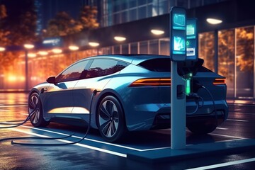 Electric car charging at gas stations in the city, industrial landscape, neon elements, healthy environment without harmful emissions. Eco concept