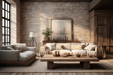 Appreciate the soothing ambiance of a minimalist living room enhanced by charming rustic accents. 3D illustration ai generate