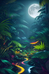 Fototapeta na wymiar The Jungle With Moonlight,Fantastic Jungle In The Evening,A beautiful Enchanted Forest,Generative AI 