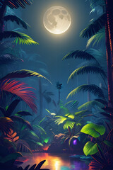 Fototapeta na wymiar The Jungle With Moonlight,Fantastic Jungle In The Evening,A beautiful Enchanted Forest,Generative AI 