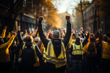 Construction workers walking on a parade celebrating labours day 