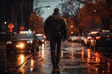 A law officer from behind walking and patrolling on a street 