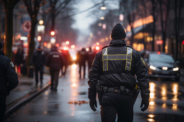 A law officer from behind walking and patrolling on a street 