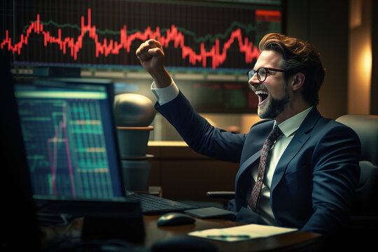 Mann arbeitet an der Börse vor Börsenkursen mit starken Emotionen, Ai generiert