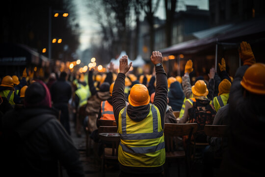 Construction workers walking on a parade celebrating labours day 
