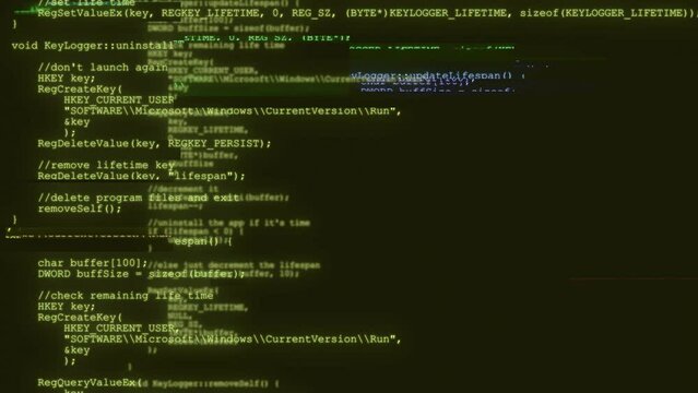 4K Programmer coding on black Computer screen engineer developing software app typing code screen. Hack protection data. Website scripts digits commands. hi-tech software development blockchain