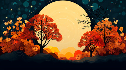 Autumn landscape background with colorful trees and full moon. Vector illustration.AI Generated