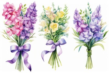 Naklejka na ściany i meble set of Watercolor bouquet of Snapdragons flower, watercolor Illustration isolated on white background for wedding card, cover, invitations. 