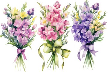  set of Watercolor bouquet of Snapdragons  flower, watercolor Illustration isolated on white background for wedding card, cover, invitations.  