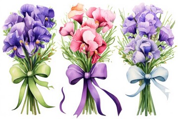 Naklejka na ściany i meble set of Watercolor bouquet of sweet Peas and Iris flower, watercolor Illustration isolated on white background for wedding card, cover, invitations. 