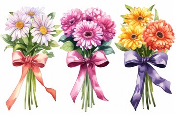  set of Watercolor bouquet of zinnia flower, watercolor Illustration isolated on white background for wedding card, cover, invitations.  