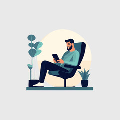 man sitting working on cell phone sitting in chair