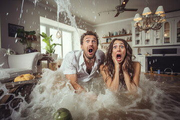 Roof is Leaking, Pipe Rupture at Home Angry Couple in Background Calling Insurance Company, Screaming into Phone in Frustration, Trying to Find Plumber. High quality photo