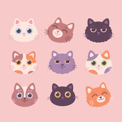 Collection of Cat faces. Cat characters with different emotions and facial expressions. Vector illustration in flat style