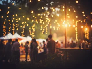Poster Vintage tone blur image of night festival in garden with bokeh. Generative ai © Yulia