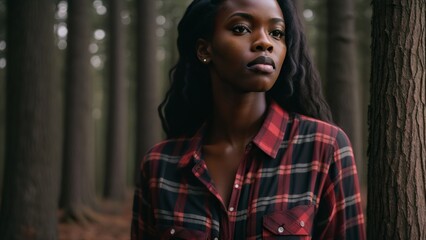 Fototapeta na wymiar A strong and sturdy black woman in a plaid shirt, against a forest backdrop
