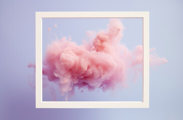Simple white frame on a pastel background. Huge pink smoke. Copy space lay out for text, letters, invitation card. Explosion of colors splash of smoke. Abstract pastel greeting card or background