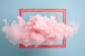 empty red frame on a pastel background. Huge pink smoke. Copy space lay out for text, letters, invitation card. Explosion of colors splash of smoke. Abstract pastel greeting card or background