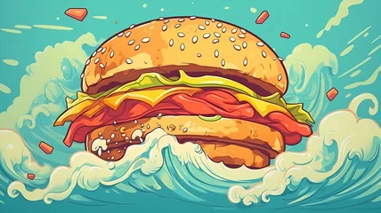 Fotobehang hand drawn cartoon delicious hamburger illustration  © 俊后生