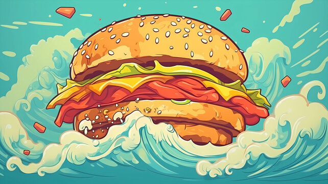 hand drawn cartoon delicious hamburger illustration
