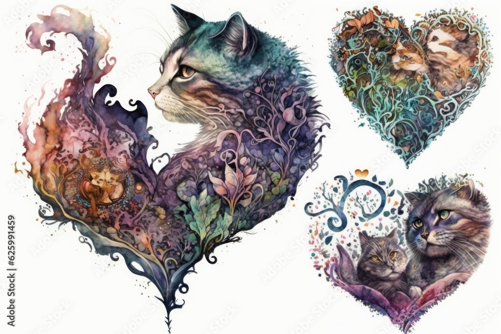 Wall mural Watercolor drawing of two cats in love. Hand-drawn illustration