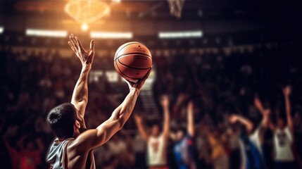 Basketball on hand of player shooting basket in gym, Generative AI