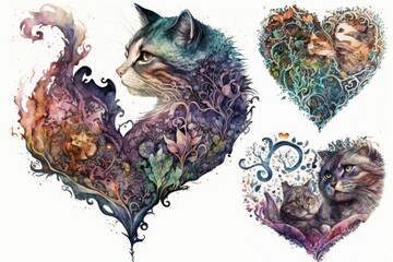 Watercolor drawing of two cats in love. Hand-drawn illustration